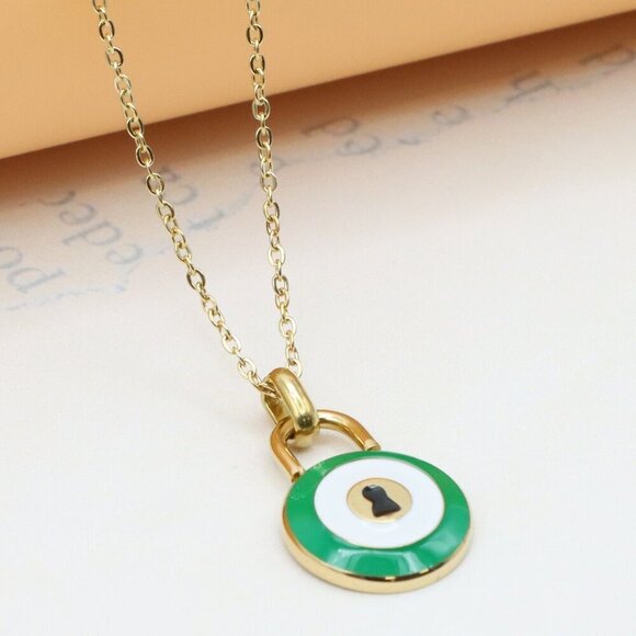Gold Plated Green Evil Eye Pendant Necklace, XPNL0306 - Picture 1 of 13